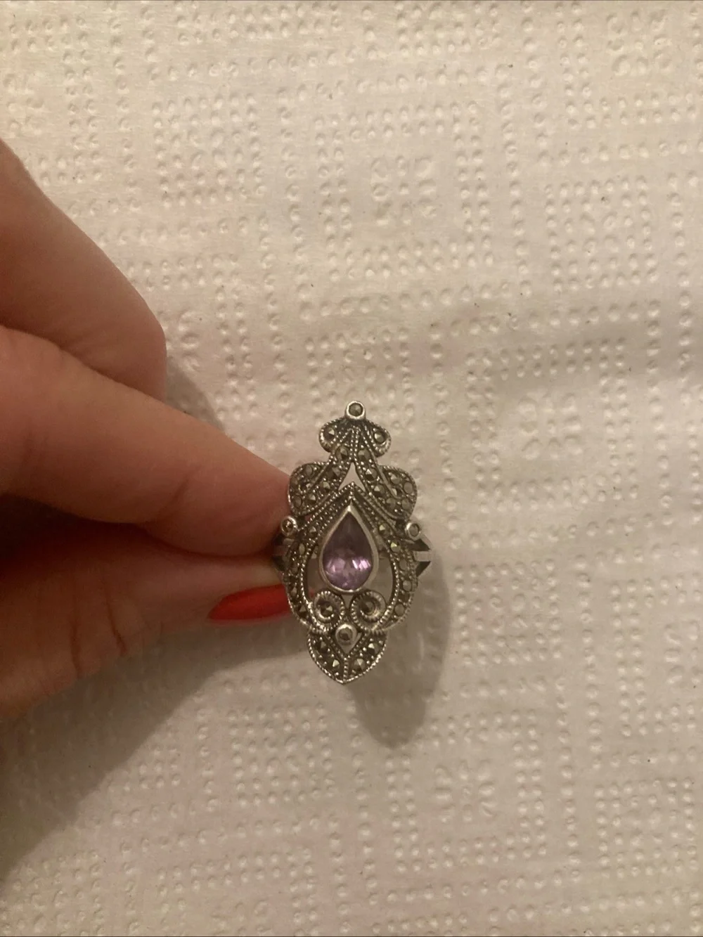 925 Sterling Silver Vintage Real Amethyst & Marcasite Oxidized Ring Size 7